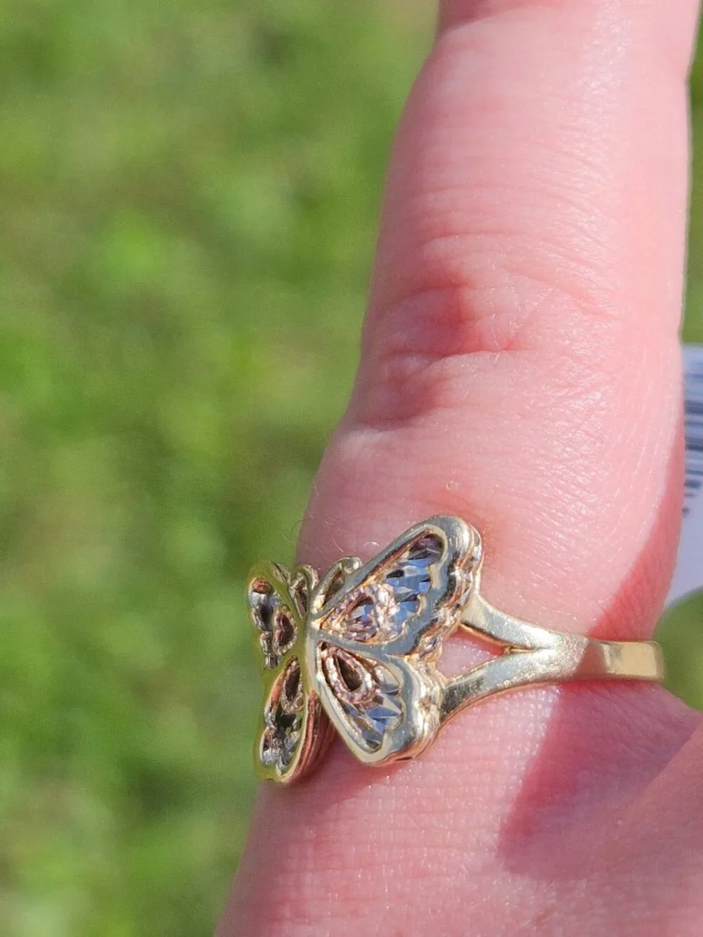 10K Tri Color 3 Tone Gold Butterfly Filigree Cocktail Ring 20x11mm Size 6.25